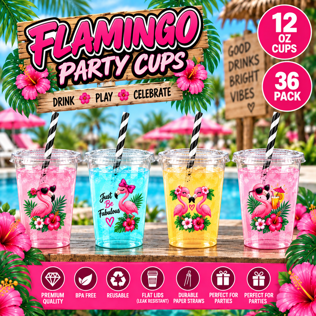 Flamingo Party Cups with Lids & Straws – 12 oz Party Cups