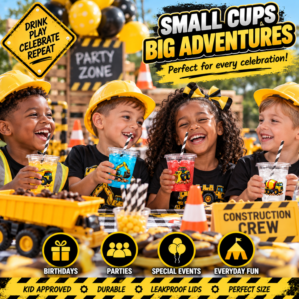 Construction Truck Party Cups with Lids & Straws – 12 oz Kids Birthday Cups