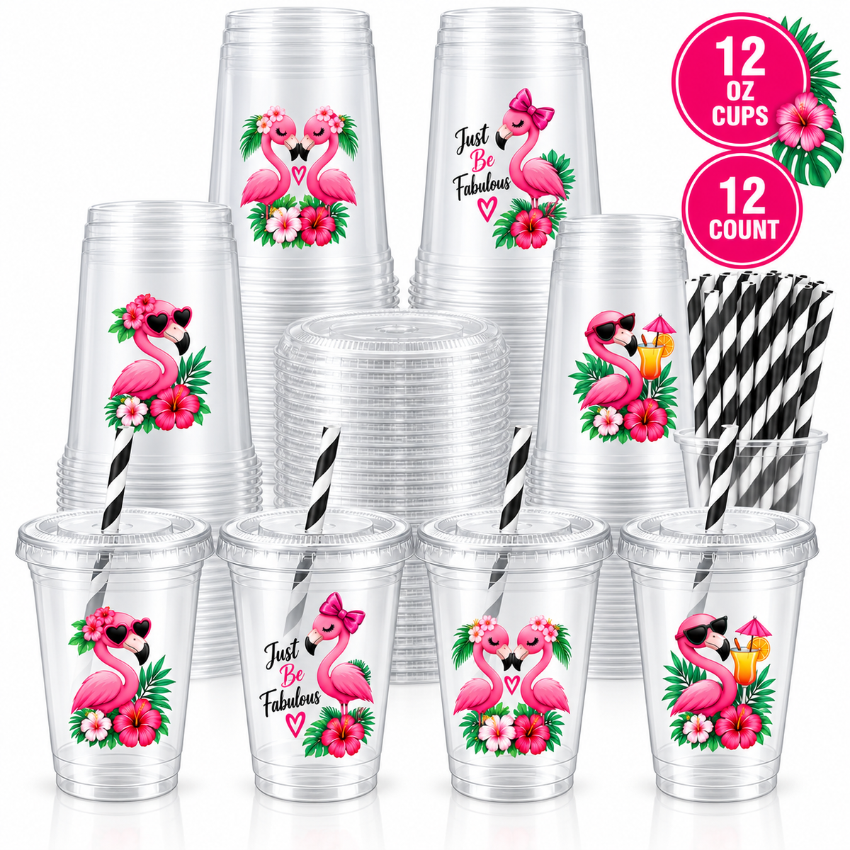 Flamingo Party Cups with Lids & Straws – 12 oz Party Cups