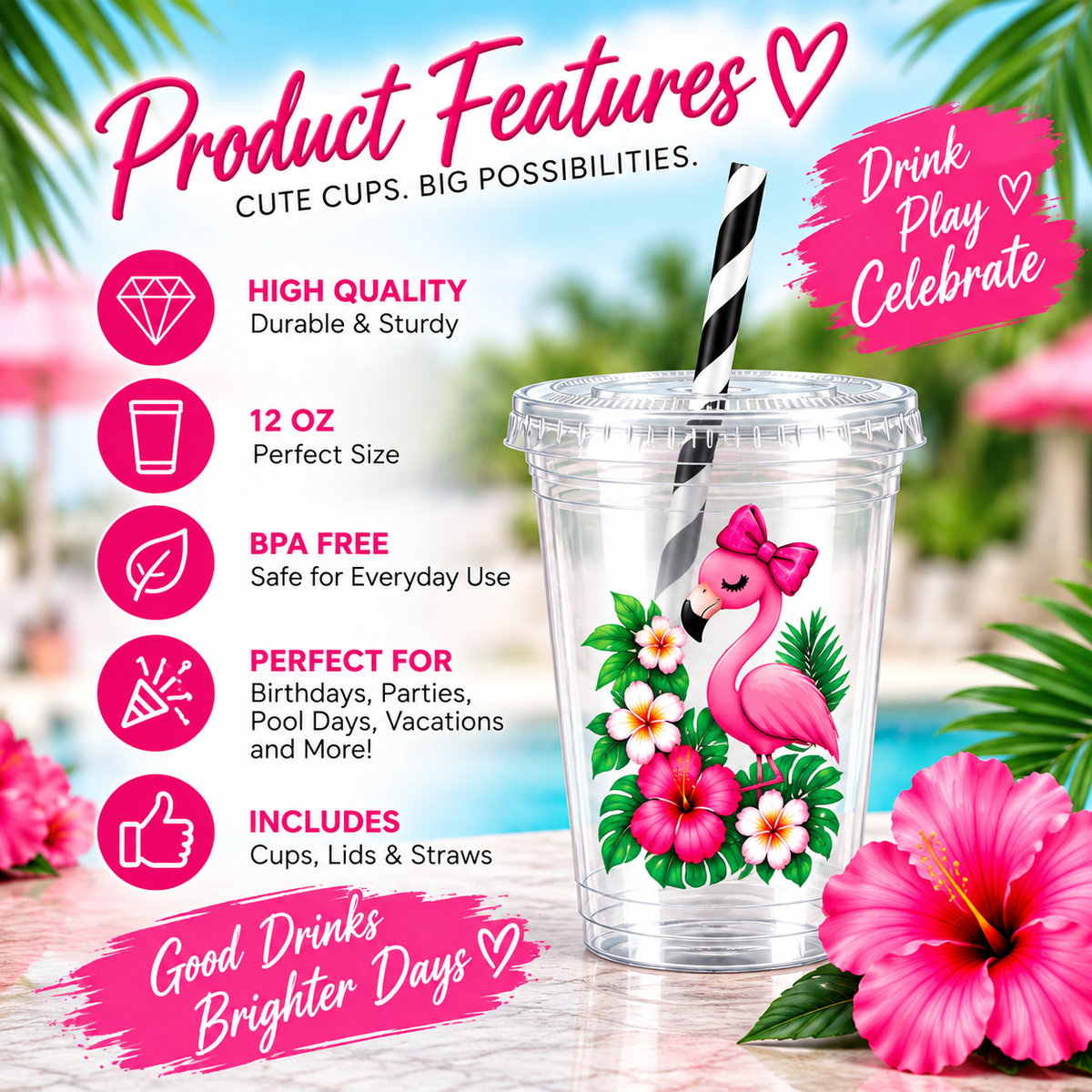 Flamingo Party Cups with Lids & Straws – 12 oz Party Cups