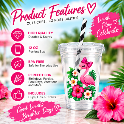 Flamingo Party Cups with Lids & Straws – 12 oz Party Cups