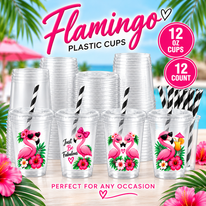 Flamingo Party Cups with Lids & Straws – 12 oz Party Cups