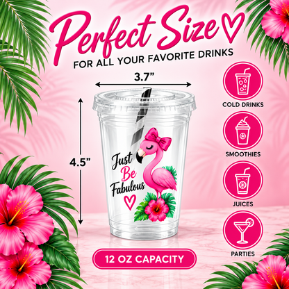 Flamingo Party Cups with Lids & Straws – 12 oz Party Cups