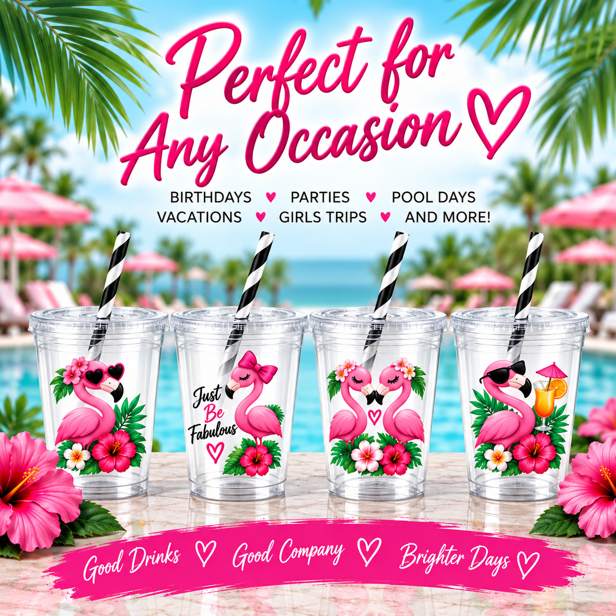 Flamingo Party Cups with Lids & Straws – 12 oz Party Cups