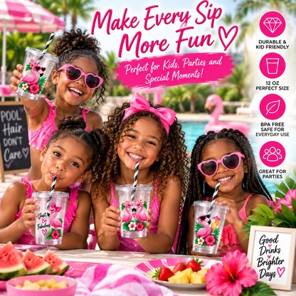 Flamingo Party Cups with Lids & Straws – 12 oz Party Cups