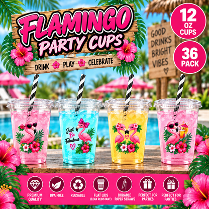 Flamingo Party Cups with Lids & Straws – 12 oz Party Cups