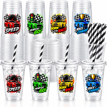 Race Car Party Cups with Lids & Straws – 12 oz Kids Birthday Cups