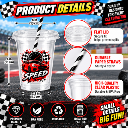 Race Car Party Cups with Lids & Straws – 12 oz Kids Birthday Cups