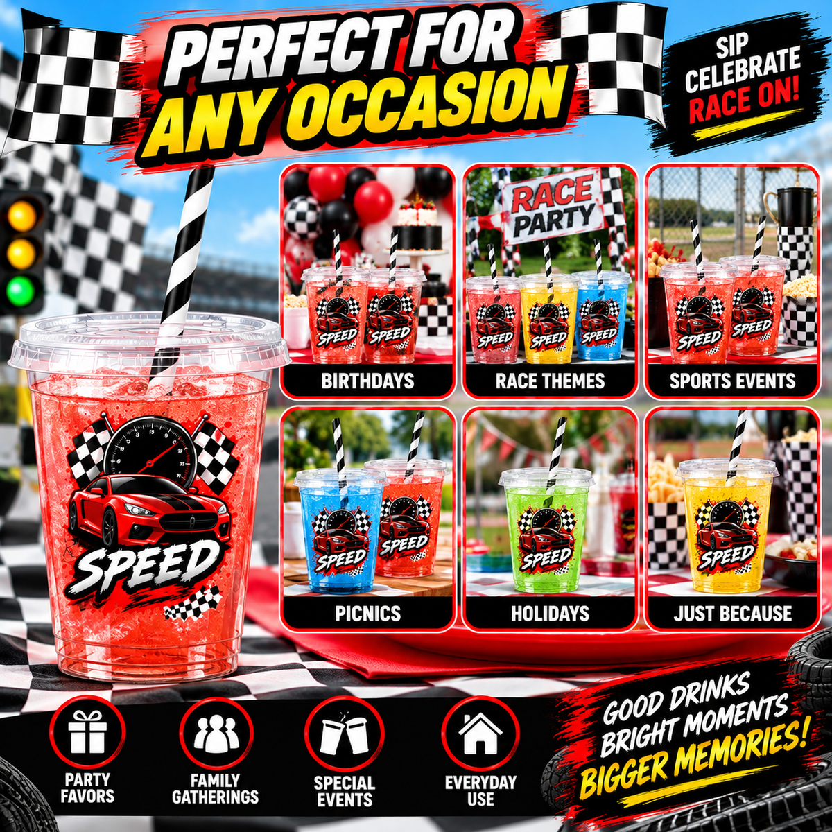 Race Car Party Cups with Lids & Straws – 12 oz Kids Birthday Cups