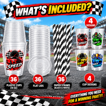 Race Car Party Cups with Lids & Straws – 12 oz Kids Birthday Cups