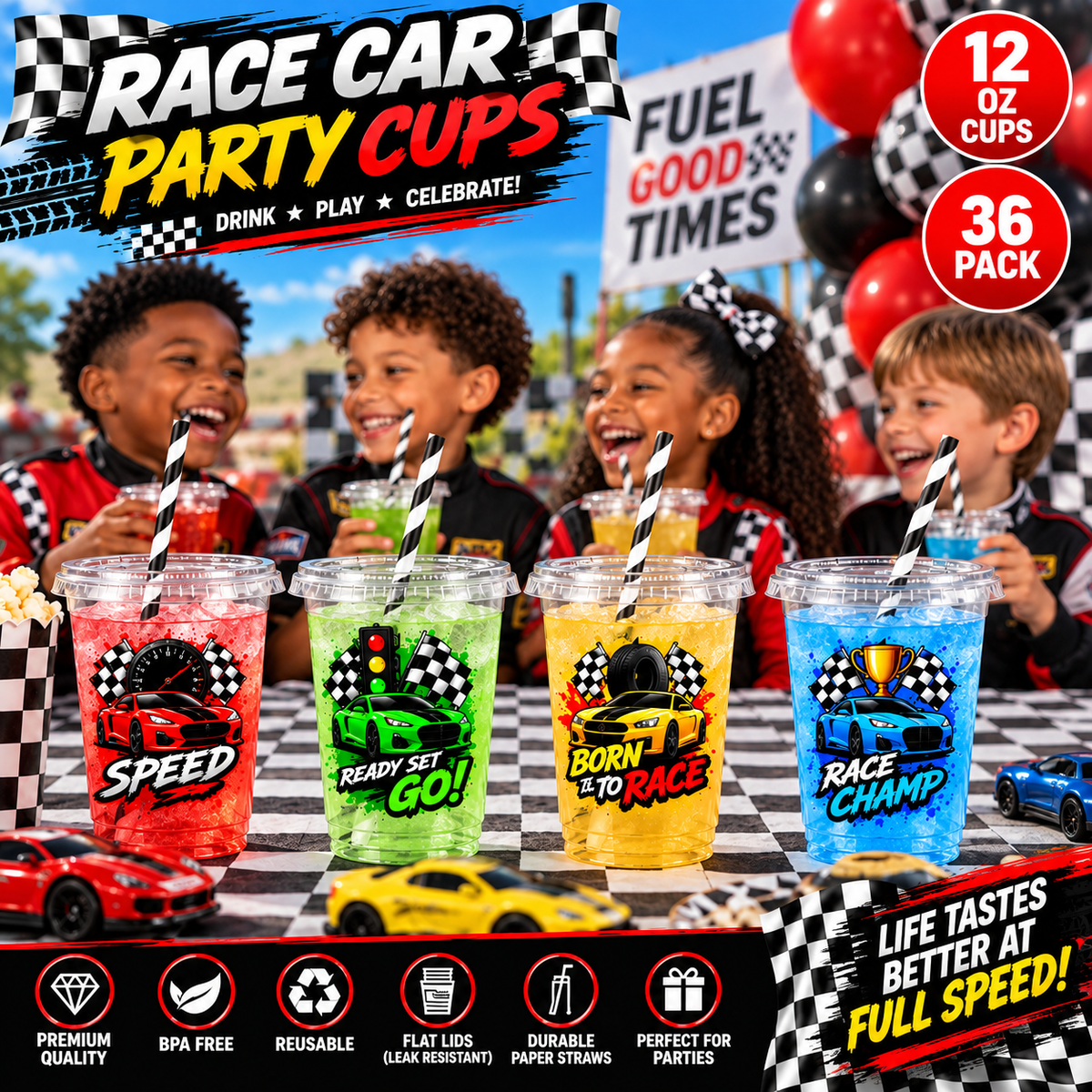 Race Car Party Cups with Lids & Straws – 12 oz Kids Birthday Cups