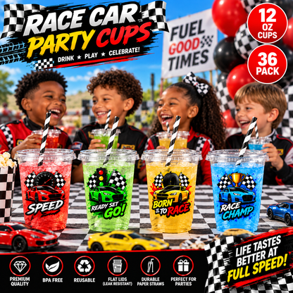 Race Car Party Cups with Lids & Straws – 12 oz Kids Birthday Cups