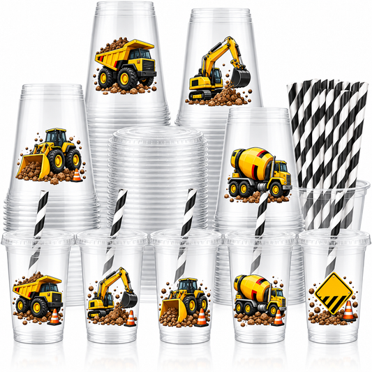Construction Truck Party Cups with Lids & Straws – 12 oz Kids Birthday Cups