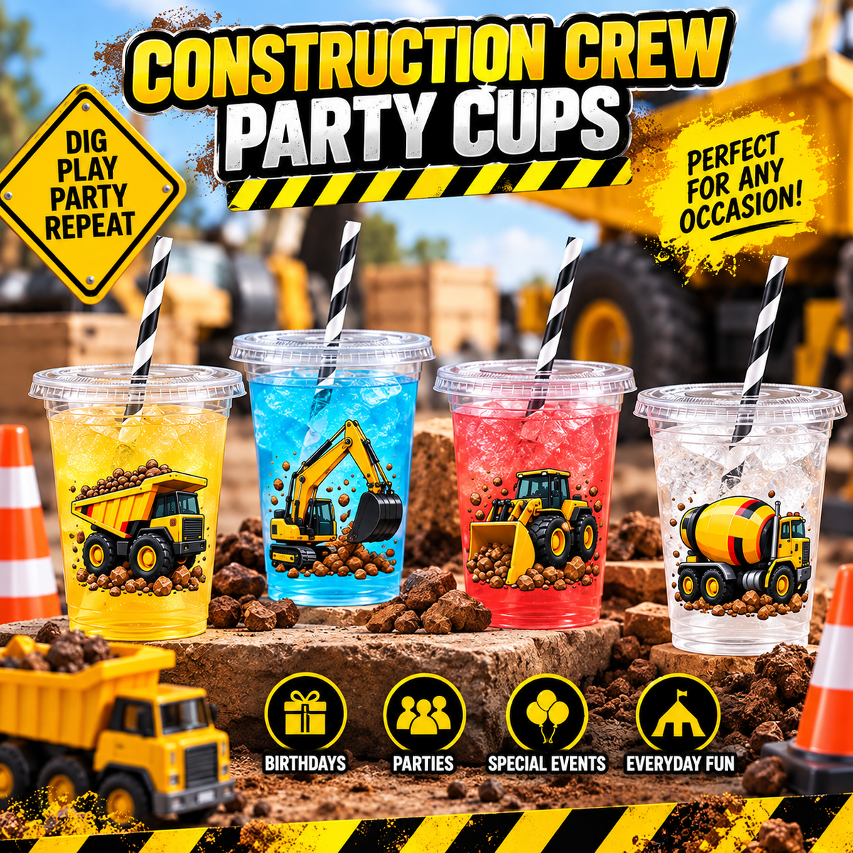 Construction Truck Party Cups with Lids & Straws – 12 oz Kids Birthday Cups