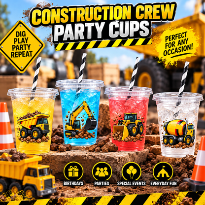 Construction Truck Party Cups with Lids & Straws – 12 oz Kids Birthday Cups