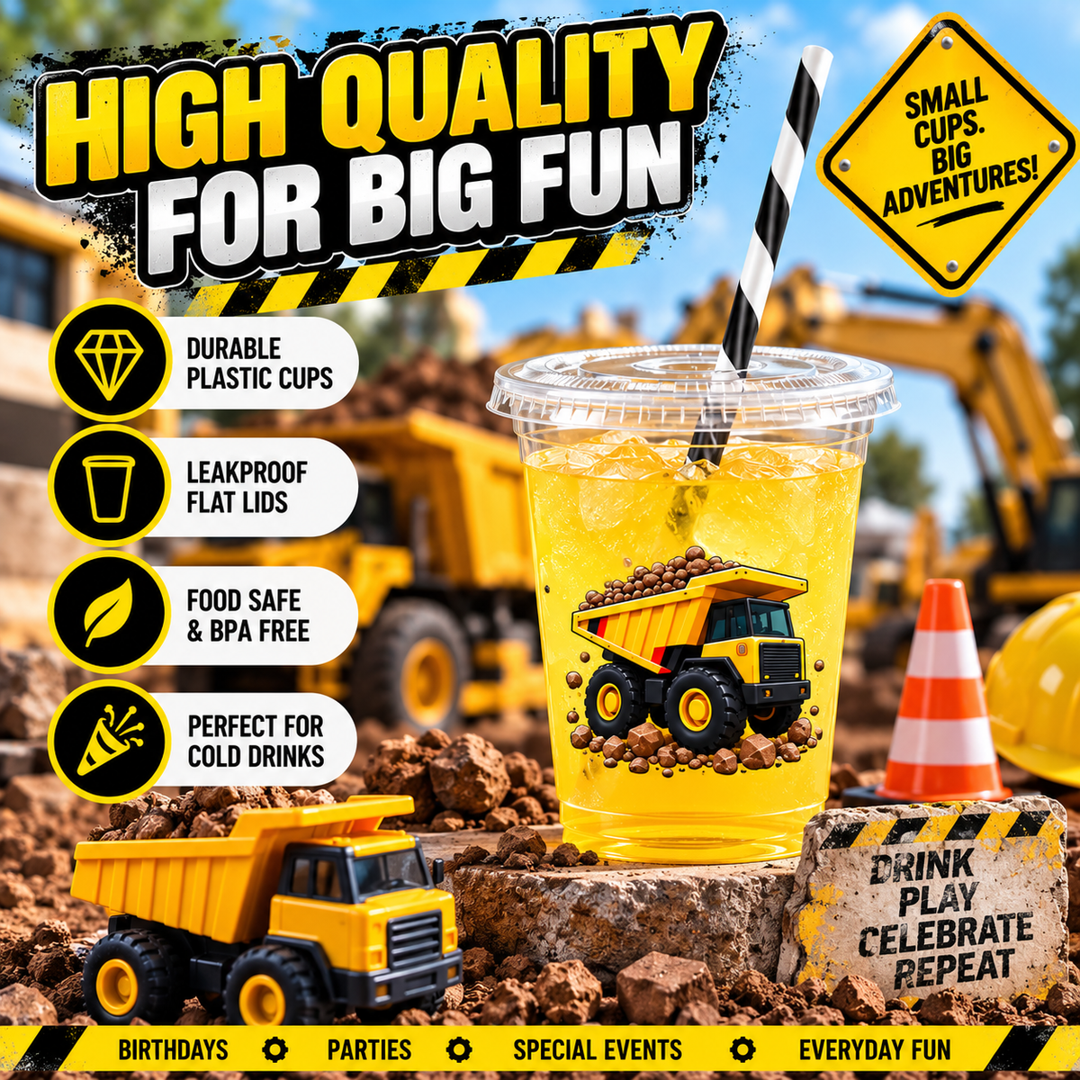 Construction Truck Party Cups with Lids & Straws – 12 oz Kids Birthday Cups