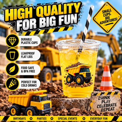 Construction Truck Party Cups with Lids & Straws – 12 oz Kids Birthday Cups