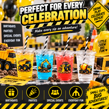Construction Truck Party Cups with Lids & Straws – 12 oz Kids Birthday Cups